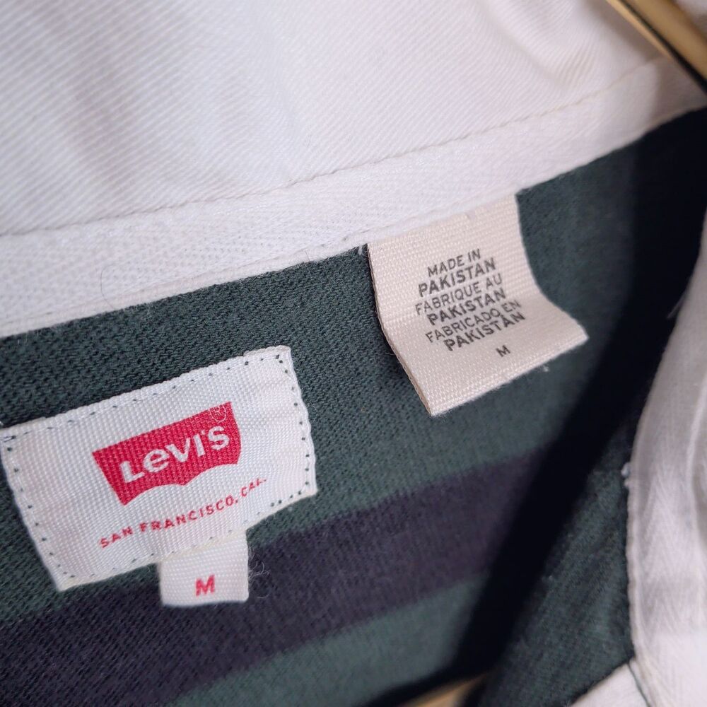 LEVIS Green & Black Striped Rugby Polo Shirt Size M Classic Retro Cotton Preppy - Picture 6 of 7